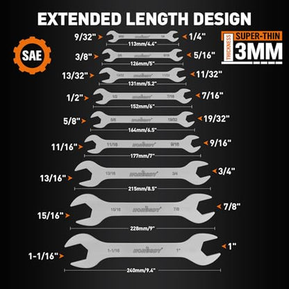 HORUSDY Thin Open End Wrench Set | Bike Wrench Set with Rolling Pouch | 19-Piece SAE & Metric | CR-V Steel | 1/4" to 1-1/16" & 5.5mm to 27mm for Mechanics - size: SAE & Metric 19-Piece