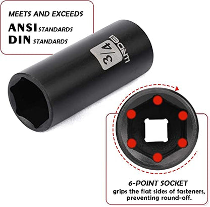 LLNDEI 3/8" Drive Impact Socket Set SAE and Metric (5/16"- 3/4", 8-22mm) 48pcs, CR-V Steel, 6 Point Sockets, Extension Bar (3-in, 6-in), 1/2"F to 3/8"M Reducer Universal Joint - size: 3/8" Socket Set