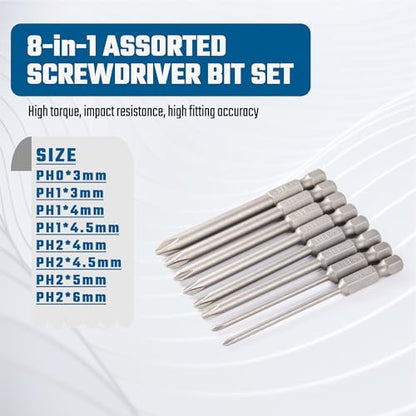 VESTTIO Phillips Cross slot Screwdriver Bit Set 8PCS 1/4 Inch Hex Shank 3 Inch/75 mm Length S2 Steel with Magnetic for Power Screwdriver Impact Drill - size: 8 PH / 3 inch