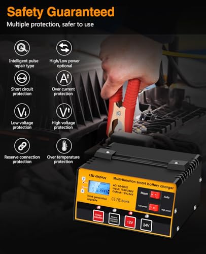 Outerman Car Battery Charger,12V-12A/24V-8.5AMH Smart Automatic Battery Charger,High/Low Power Trickle Charger Battery Maintainer and Desulfator,for Motorcycle Lawn Mower Marine Lead Acid Batteries - color: Black Yellow