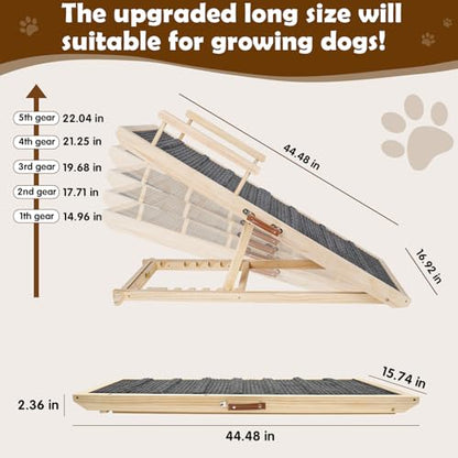 Dog Ramp for Couch, Bed or Car, Wooden 44" Long Pet Stairs for Small & Large Old Dogs & Cats, Hold up to 200lb, 5 Adjustable Height from 14.96" to 22", Portable Doggie Steps, Excellent Traction - size: 44"L*15.74"W*14.96"~22.04"H