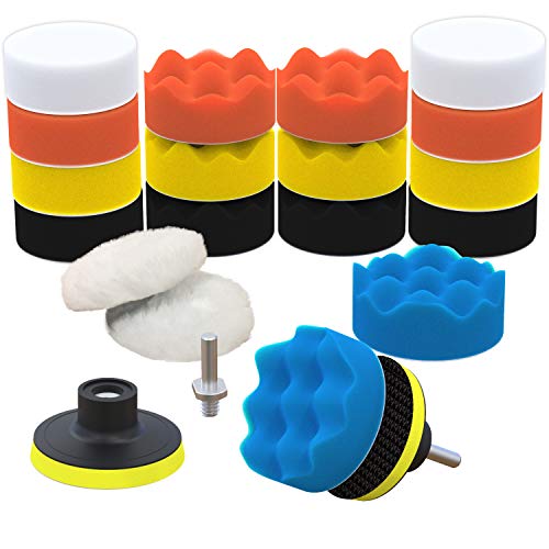 Car Foam Drill Polishing Pad Kit by SCRUBIT – 22 Pack, Includes 16 Detailing Sponges (3 in.), 2 Wool Buffer Pads, 2 Drill Adapters and Suction Cups for Your Vehicle - Waxing and Polisher Set