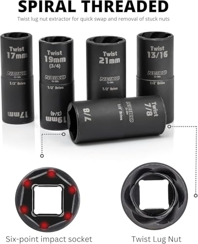NEIKO 02340A Twist Socket Set, 6 Pc Lug Nut Extractor, SAE & Metric, 1/2 Inch Dr. Impact Flip, 6 Point, CR-Mo Steel Wheel, 3" Impact Extension Bar, Black - size: 6 Piece, Twist Set, style: Flip Socket