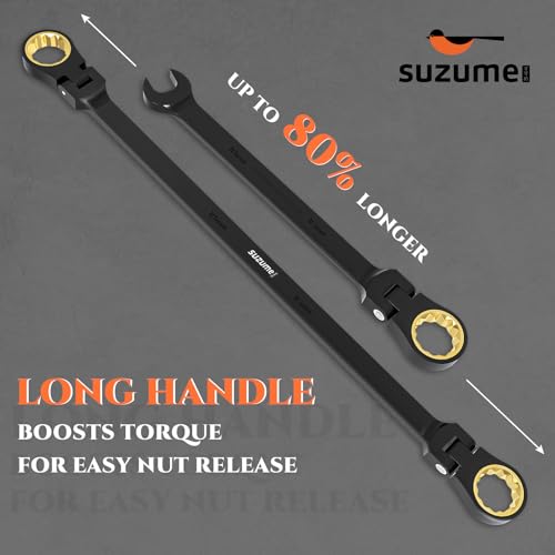 SUZUME Extra Long Flex Head Ratcheting Wrench 16-18mm Metric Double Box End 180° Flexible Head 72-Tooth 15K Gear Tested CR-V Steel Black Chrome Finish For Engine Heavy Equipment Repair & DIY - size: 16-18mm