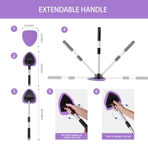 Qydipclin 10pcs Windshield Cleaner Tool, Car Window Cleaning Wash Kit with 4 Reusable Microfiber Pads 1 Spray Bottle and Extendable Handle Auto Glass Wiper Kit, Purple - color: Purple
