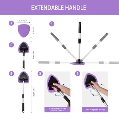 Qydipclin 7pcs Windshield Cleaner Tool Car Window Cleaning Wash Kit with 4 Reusable Microfiber Pads 1 Spray Bottle and Extendable Handle Auto Glass Wiper Kit, Purple - color: Purple
