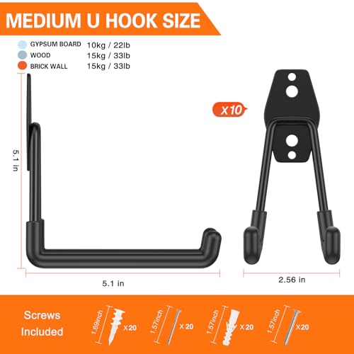 HUPBIPY Garage Hooks Heavy Duty 10 Pack, Wall Mount Ladder Hooks | 5.1in U Shaped Hanger, Storage Organizer With a non-slip coating For Hanging Bicycles, Garden Tools Hoses and Ropes (Black) - color: Black 10Pack