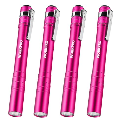 WORKPRO LED Pen Light, Aluminum Pen Flashlights, Pocket Flashlight with Clip for Inspection, Emergency, Everyday, 2AAA Batteries Include, Pink(4-Pack) - color: Pink