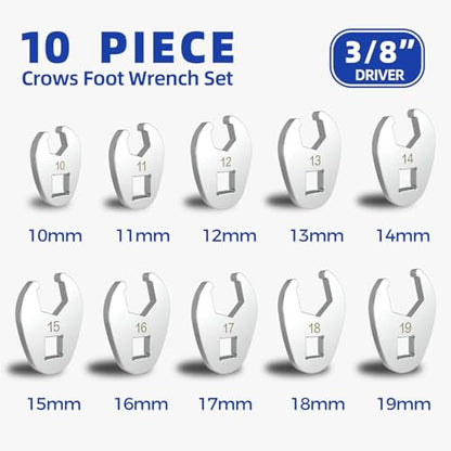 3/8" Drive Flare Nut Crowfoot Wrench Set, 10 Piece Cr-V Steel + Ni-Cr Plating 5 Point Grip Flare Nut Crow Foot Tool Set, Metric 10-19mm Crows Feet Wrench Set with Storage Pouch for Home Car Repair - style: Flare Nut - Metric