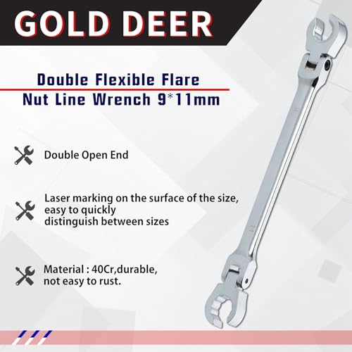 Flex Head Flare Nut Wrench Set 9 * 11mm Metric Double Flexible Line Wrench 40Cr for Automotive and Plumbing Repairs - style: 9*11mm