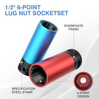 5PCS 1/2" Drive Wheel Protector Impact Socket, Non-Marring Lug Nut Deep Socket Set, CR-MO, 6 Point, Color-Coded Protective Socket, Metric 15 17 19 21 22 mm - size: 1/2" Protective Cover Sockets 5pcs