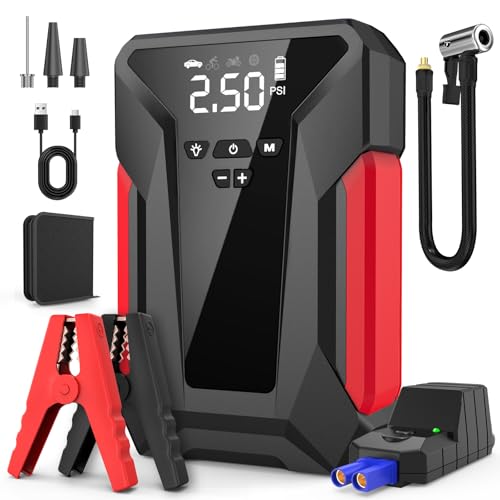 Jump Starter with Air Compressor, 4000A Car Battery Jump Starter for 12V Vehicles, Portable Battery Booster (9.0L Gas/8.0L Diesel), 150 PSI Tire Inflator, LCD Display, USB-C, LED Light (Black)