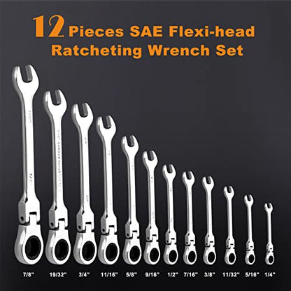 Qnkaa 12pcs Flexible Ratchet Wrenches Set SAE 1/4” to 7/8“ Inch Standard Spanners Gear Ring Ratcheting Combination Flexi Wrench Kit Flex Flexible Head - size: 12-Piece SAE Set