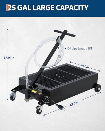 GarveeTech 25 Gal Low Profile Oil Drain Pan 110V | Metal Oil Change Pan Large Capacity with 180W Electric Pump, 8 ft Hose & Folding Handle for Cars, SUVs, Trucks, Buses, RVs - size: 25GAL-110V-Black