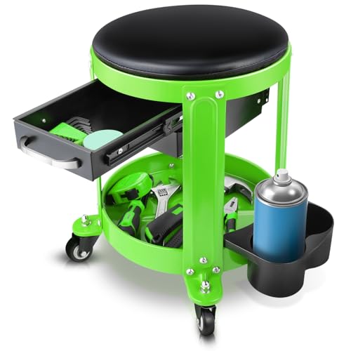 Auto Dynasty Round Mechanics Roller Seat, 300 LBS Capacity Rolling Creeper Garage Shop Seat with Drawers and Tool Tray, Mechanic Stool with Removable Padded Seat for Workshop Auto Repair, Green - color: Green