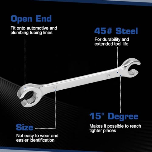 SPEEDWOX 6PCS Flare Nut Wrench Set Double-End Metric Size from 9mm to 21mm 15 Degree Offset Double Open End 45# Steel with Storage Rack for Automotive Brake Line, Fuel Line & Plumbing