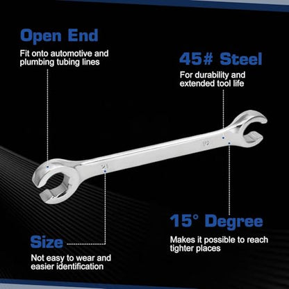 SPEEDWOX 6PCS Flare Nut Wrench Set Double-End Metric Size from 9mm to 21mm 15 Degree Offset Double Open End 45# Steel with Storage Rack for Automotive Brake Line, Fuel Line & Plumbing