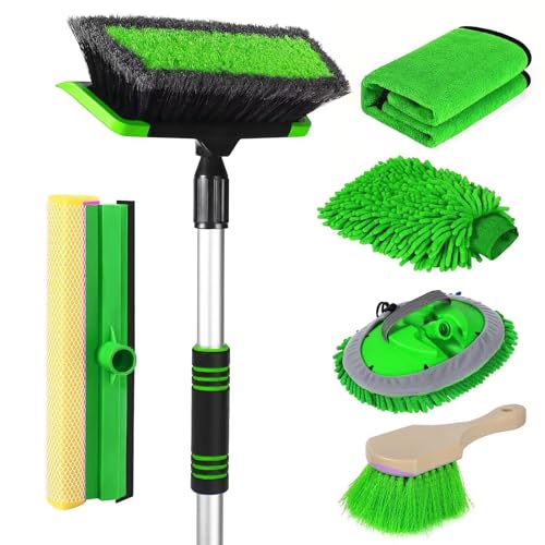 62'' Car Wash Brush with Long Handle, Scratch-Free Soft Bristles Sturdy Car Wash Mop, Complete Cleaning Brush Kit Wash Mitt Towel Windshield Squeegee Wheel Tire Brush for Car Truck RV Green - color: Green