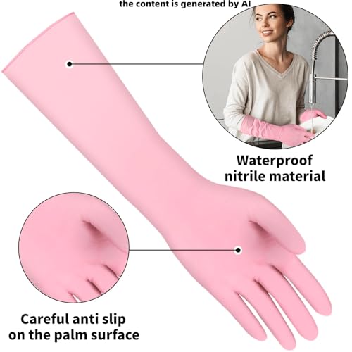 Long Sleeves Durable Disposable Nitrile White Gloves 15inches,Household Cleaning Dishwashing Waterproof 30PCS - color: Pink, size: Large