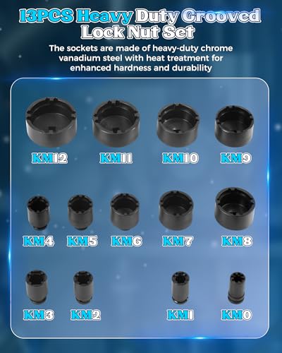 13PCS Heavy Duty Grooved Lock Nut Sockets with 1/2'' KM0-KM12 Spindle Nut Socket Kit with Internal Teeth for Removing & Installing Automotive Axle Lock Nuts Compatible with KM KML HM HML HMLL
