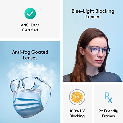 Stoggles Rectangle Z87.1 Certified Safety Glasses, Blue-Light, UV Blocking Lens, Top & Side Shield, Anti-Fog, Stylish Eyewear - color: Clear, size: Low Bridge Fit