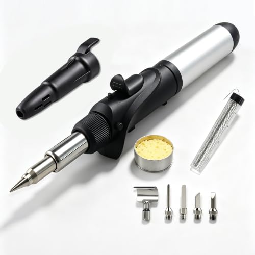 Butane Soldering Iron Kit Self-Ignite Adjustable Flame Temperature Max 2372℉,Cordless Soldering Heat Gun with 6 Tip,Butane Torch Portable Gas Soldering Iron,for Electrical Maintenance and DIY