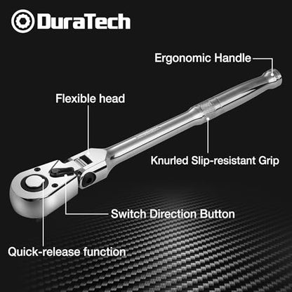 DURATECH 1/2" Drive Flex-Head Ratchet | 72-Tooth Ratchet Wrench, Quick-release, Reversible Switch, Full-Polished Chrome Plating, Alloy Steel - size: 1/2" Drive