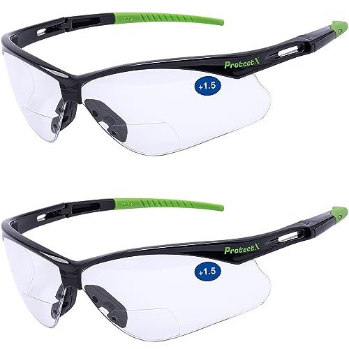 ProtectX Classic Safety Glasses, Anti-Fog Scratch Resistant Lenses, Protective Eyewear for Work, Indoor/Outdoor, ANSI Z87.1 - color: Evergreen Bifocal Reading 1.5 - 2 Pack