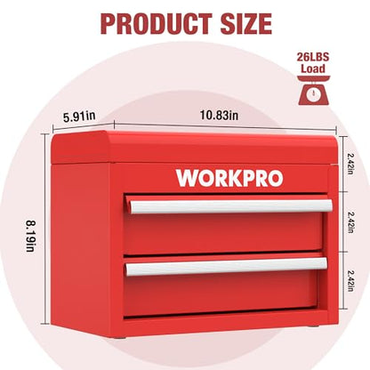 WORKPRO Mini Metal Tool Box with 2 Drawers and Top Storage, Small Tool Chest with PVC Liners and PP Feet Pads, Cold Rolled Steel Toolbox with Magnetic Tab