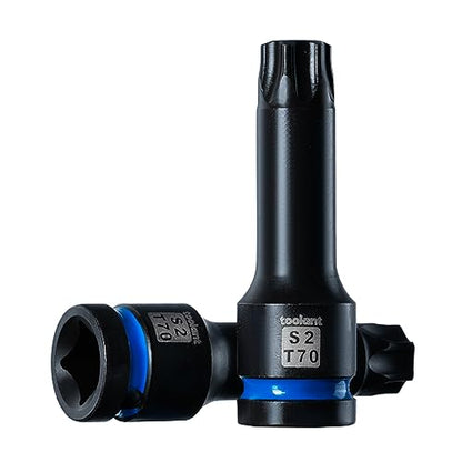 toolant 1/2-Inch Drive T70 Impact Torx Bit Sockets, 2-Piece | S2 steel one-piece sockets feature manganese phosphate coating, pin holes, and laser-etched markings - size: T70