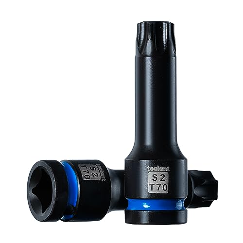 toolant 1/2-Inch Drive T70 Impact Torx Bit Sockets, 2-Piece | S2 steel one-piece sockets feature manganese phosphate coating, pin holes, and laser-etched markings - size: T70