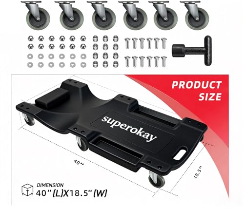 superokay Low Profile Mechanic Creeper, 40-Inch Rolling Car Creeper with Padded Headrest, 350 lbs Capacity Shop Creeper, 6 Swivel Casters & Dual Tool Trays, Heavy Duty Garage Creeper for Auto Repair