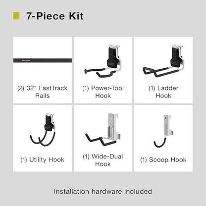 Rubbermaid Fasttrack Garage Storage Utility Hooks 7 Piece Black All in One Rail Hook Kit and Tool Organizer Heavy Duty for Home/Garage/Shed/Garden - size: 2 Rails, 5 Hooks