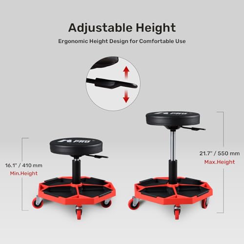 Rolling Mechanic Stool, 300 LBS Adjustable Garage Shop Seat with Tool Trays | Pneumatic Height Adjust, Cushioned Seat, 4-compartment trays, 360° Casters, for Garage, Workshop, Auto Repair, Detailing