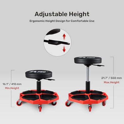 Rolling Mechanic Stool, 300 LBS Adjustable Garage Shop Seat with Tool Trays | Pneumatic Height Adjust, Cushioned Seat, 4-compartment trays, 360° Casters, for Garage, Workshop, Auto Repair, Detailing