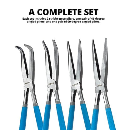 NEIKO 02105A (4) Long Nose Plier 11” Long Reach, Straight, Angle, Curved Pliers, 45 & 90 Degree, bent Head Needle Nose Pliers Set for Mechanics, Long Handle Pliers - style: Long Nose Pliers