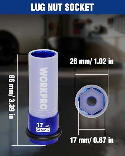 WORKPRO 1/2" Drive Lug Nut Impact Duty Socket, 17mm Deep Thin Wall Socket | Made of Premium Cr-Mo Steel, Non-Marring Lug Nut Wheel Sockets for Car - size: 1/2" DR x 17mm