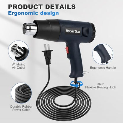 Heat Gun for Crafting, 1800W Handed Hot Air Gun 122°F-1202°F, 5.25FT Ultra-Long Cable Portable Heat Gun with Stand and Power Cord for Shrinking Wrapping PVC, DIY Embossing and Drying Paint (Black)