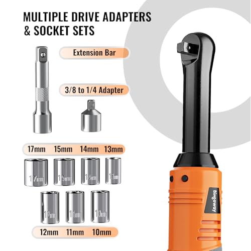 3/8" Electric Ratchet Wrench Set, Extended Long Neck Cordless Ratchet, 16V 45 ft-lbs Power Ratchet Kit, 600 RPM, 2 Batteries, LED, 9-Piece Accessory Set & Toolbox for Auto Repair