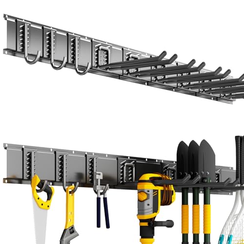 Garden Tool Organizer Wall Mount, 48inch Heavy Duty Garden Tool organizer Storage System, Easy Install With 9 Adjustable Hooks, For Garage, Basement, Shed, Workshop(Black) - size: 48inch+9Hooks