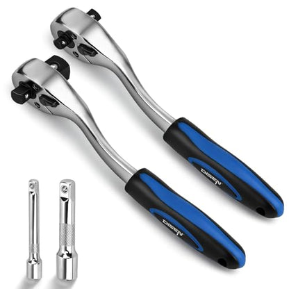 DISEN Ratchet Wrench, 2 in 1 Bit Socket Wrench with 1/4", 3/8", 1/2" Drive, 72-Tooth, Reversible, CR-V Steel Made, CR-MO Head, Dust Proof Teardrop Enclosed Head, Gifts for Men