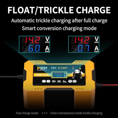 PZ.P 12V Automatic Car Battery Charger Maintainer, 0 to 6A Smart Arbitrarily Adjustable Battery Trickle Charger, Battery Desulfator with Repair, Winter Mode, Suitable for AGM GEL Deep Cycle Lawn Mower - color: 12V 0-6A