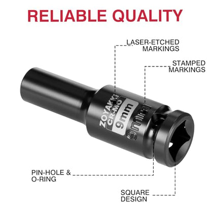 9mm Socket 1/2" Drive Deep 6 Pt CR-MO Metric Impact Socket for Axle Shaft Nut Removal - size: 9mm, style: 1/2" Drive Deep