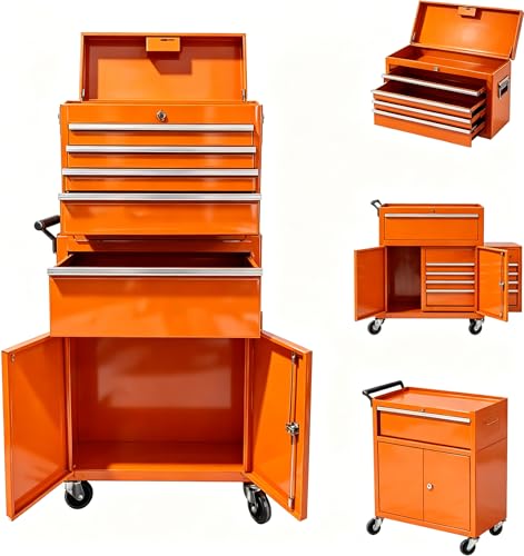 Heavy Duty 5 Drawer Tool Chest, Rolling Tool Box Cabinet on Wheels, 2-in-1 Detachable Metal Tool Storage Organizer for Garage and Workshop, Locking Steel Tool Cart with Portable Top Tool Box, Orange - color: Orange, size: 20 inch 5 Drawers
