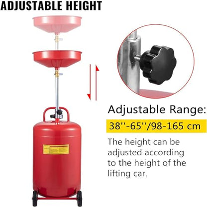 VEVOR Oil Drain Container, 20 Gallon Waste Oil Drain Tank, Portable Oil Lift Drain Pan Air Operated Drainer, Fluid Fuel Drainage Adjustable Funnel Height with Pressure Regulating Valve & Wheel - size: 20 Gallon