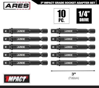 ARES 70384-10-Piece 1/4-Inch Drive 3-Inch Impact Grade Socket Adapter Set - Turns Impact Drill Driver into High Speed Socket Driver - size: 1/4-Inch Drive 3-Inch