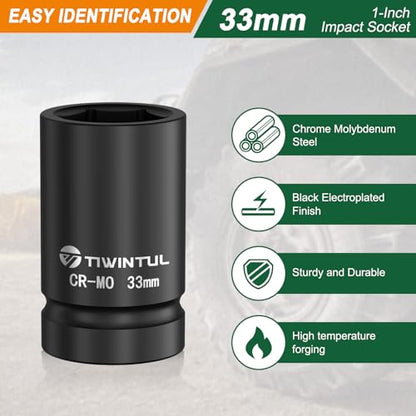 33mm Impact Socket 1" Drive, Deep 6 Point Design, CR-MO for Truck, | ANSI Certified, Heavy Duty 33mm Socket 1 Inch Drive for Bus, Trailer & Farm Machinery Maintenance - size: 33mm(1 PCS)