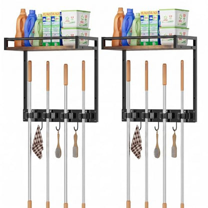 2 Packs Broom Holder Wall Mount with Shelf Load 66LBS Broom and Mop Organizer Wall Hanging Broom Hanger with 4 Mop Hanger Grippers, 3 Hooks for Laundry Room, Garage, Utility Closet, Kitchen - style: 2 Packs