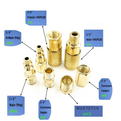 55PCS 1/4" NPT Quick Connect Coupler Plug Assortment Set, Air Hose Fittings | includes couplers and plugs for various pneumatic tools. Perfect for automotive, woodworking, and industrial DIY applications