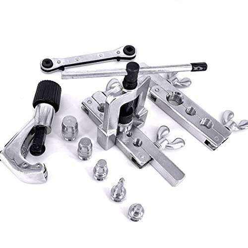 Thorstone 45 Degrees Single Flaring Tool & Swaging Tool Kit for HVAC Tubing | Includes tubing cutter and ratchet wrench for copper pipe and automotive brake lines, Blue - size: Single Flaring & Swaging Tool